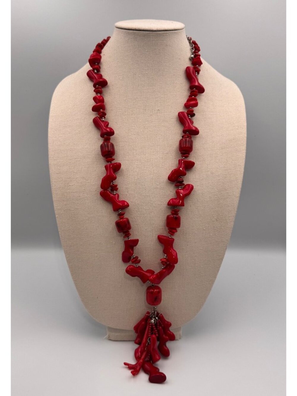Chico’s Red Faux Coral Branch Statement Necklace Tassel Signed 32.5”